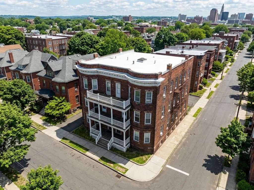 Brick six-family building with a new white membrane roof behind its parapet