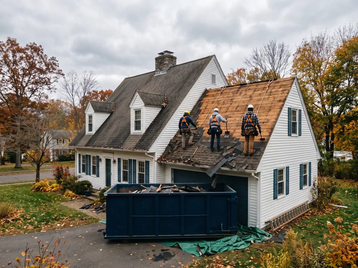 Roofers tearing old shingles off a two-story house