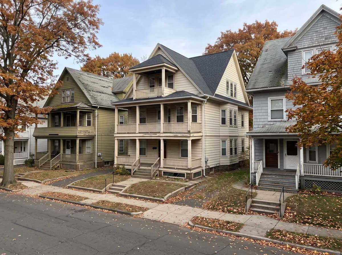 Row of Hartford two- and three-family houses with stacked porches, one with a new dark shingle roof