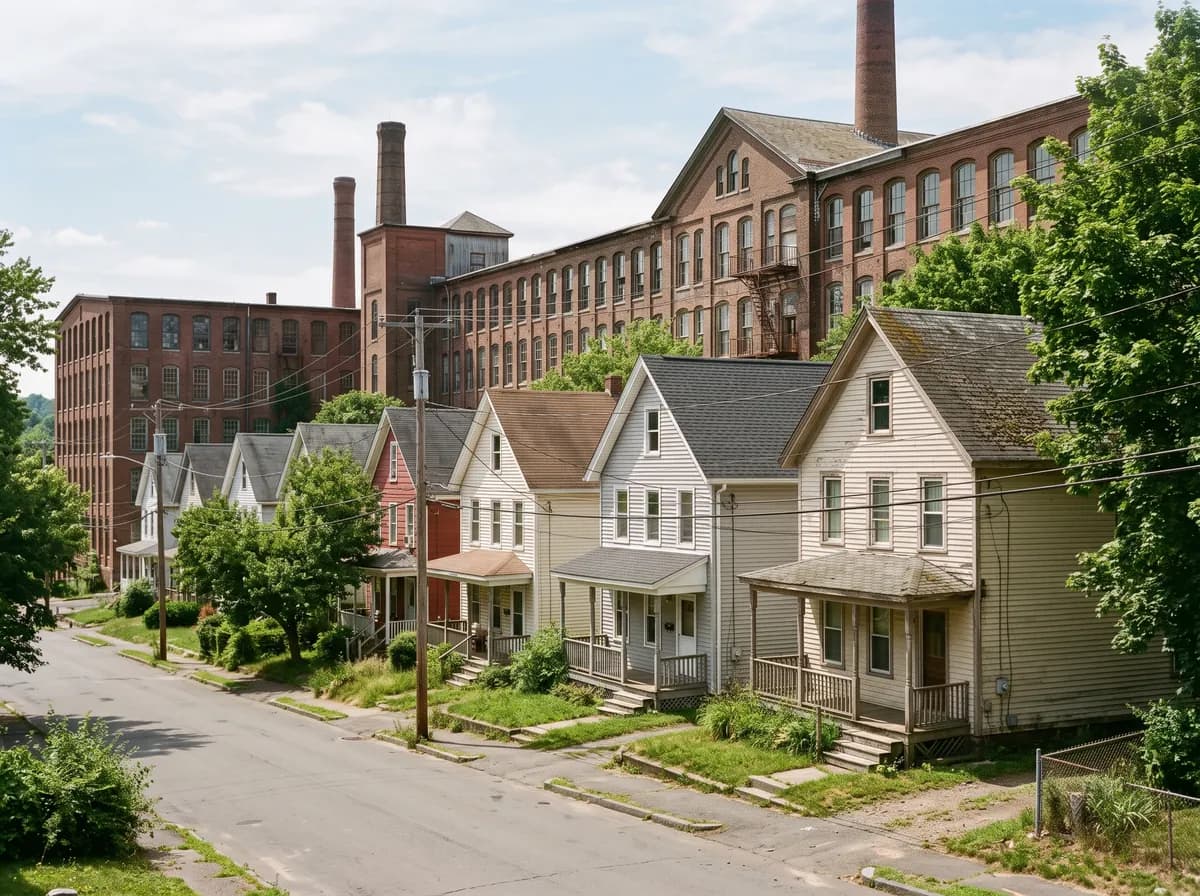 Row of matching wood-frame mill worker houses with new shingle roofs
