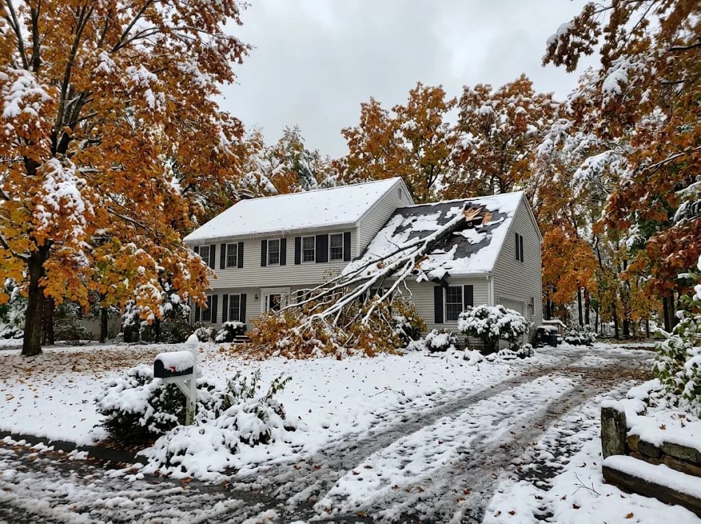 Snow-covered tree limb with autumn leaves lying on a house roof