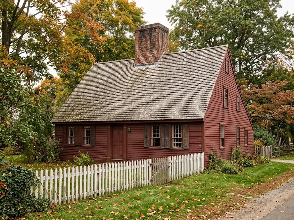 Eighteenth-century saltbox house with a weathered wood shingle roof