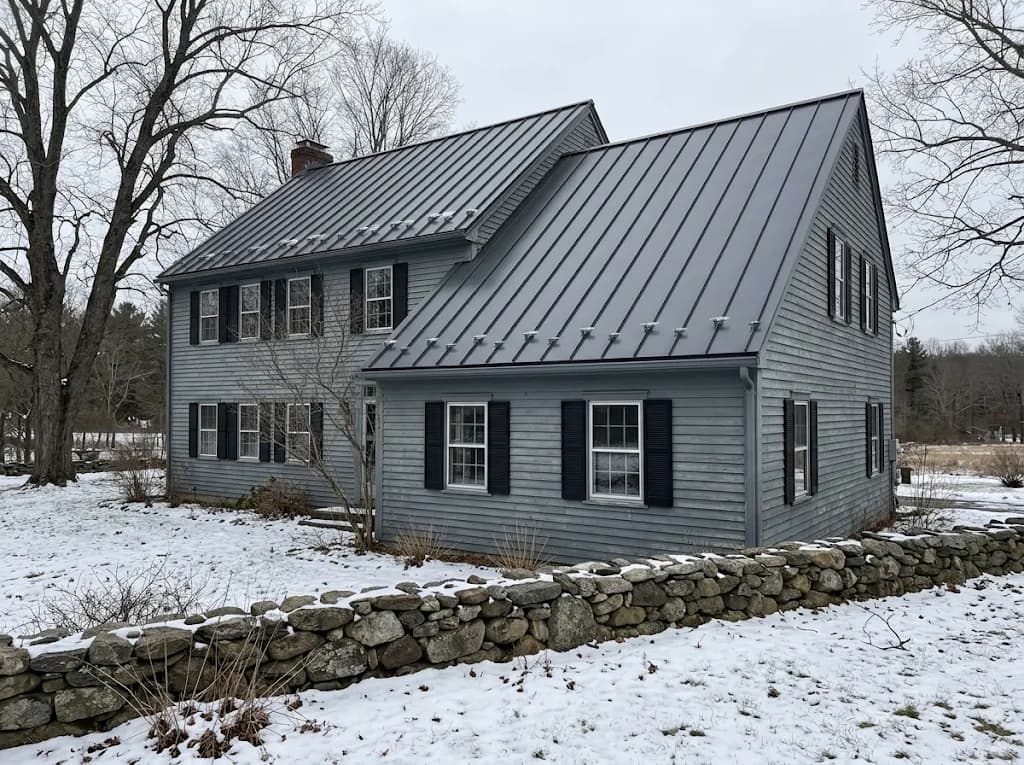 Colonial house with a charcoal standing seam metal roof in winter