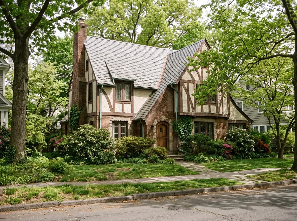 Tudor Revival house with a gray slate roof and copper gutters